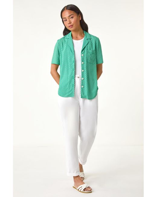 Roman Petite Green Geometric Buttoned Blouse