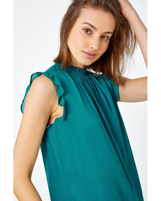 Roman Blue Sleeveless High Neck Frill Top