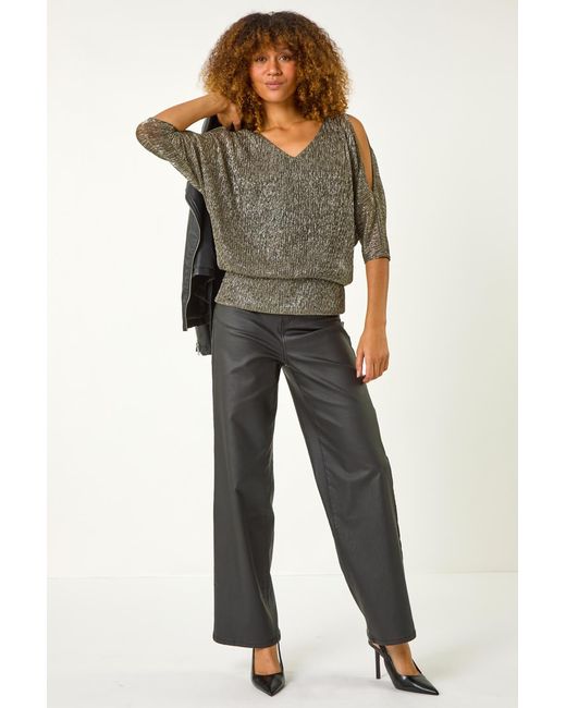 Roman Gray Metallic Plisse Banded Hem Top