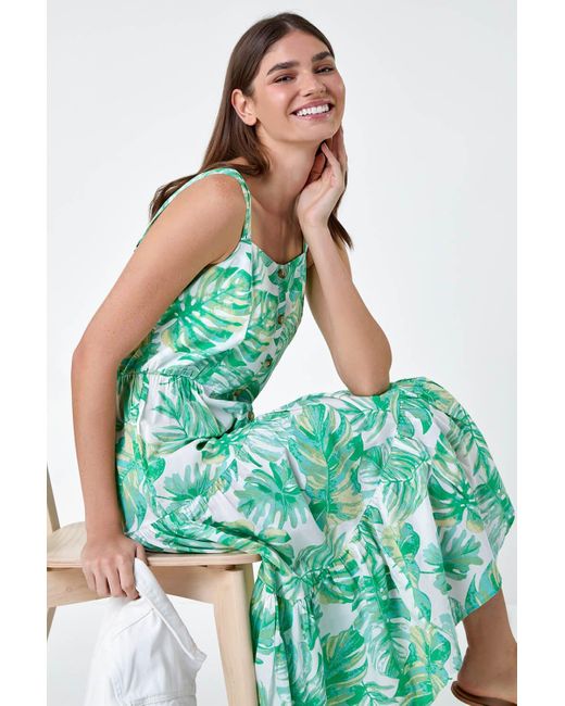Roman Green Leaf Print Cotton Tiered Dress