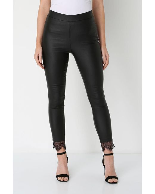 Roman Black Faux Leather Lace Hem Leggings