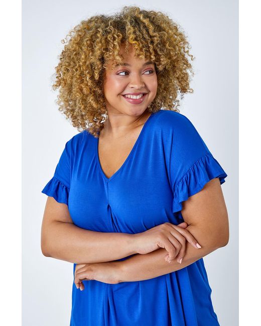 Roman Curve Blue Frill Sleeve V-Neck Top