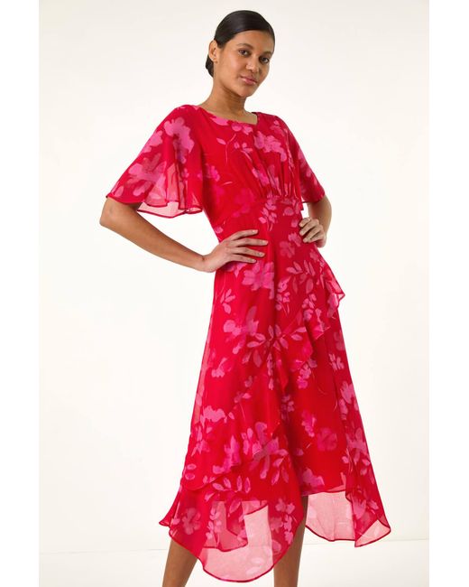 Roman Red Floral Frill High Low Midi Dress