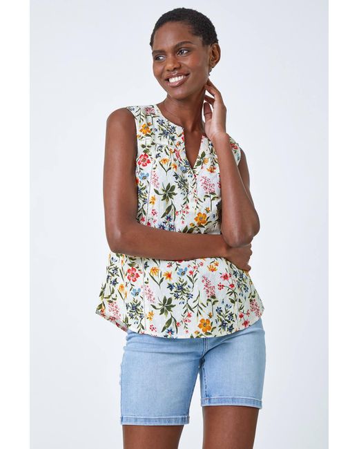 Roman Ditsy Floral Print Sleeveless Blouse in White | Lyst UK