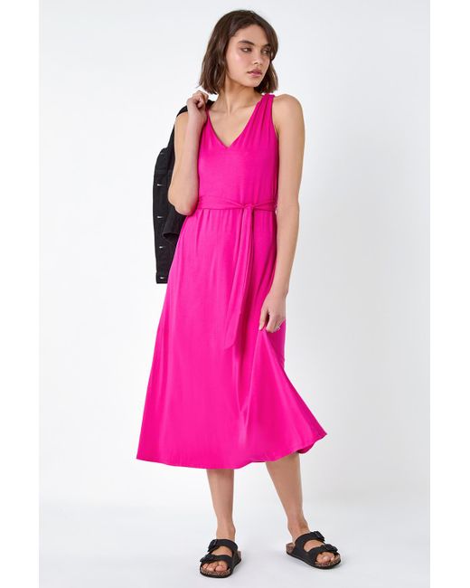 Roman Pink Tie Detail Stretch Midi Dress