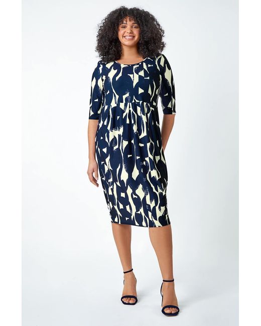 Roman Curve Blue Abstract Pocket Stretch Shift Dress