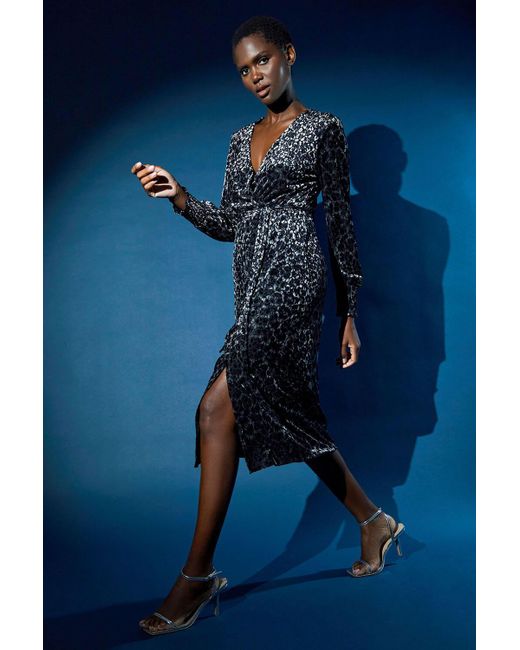 Roman Blue Velvet Leopard Print Wrap Midi Stretch Dress