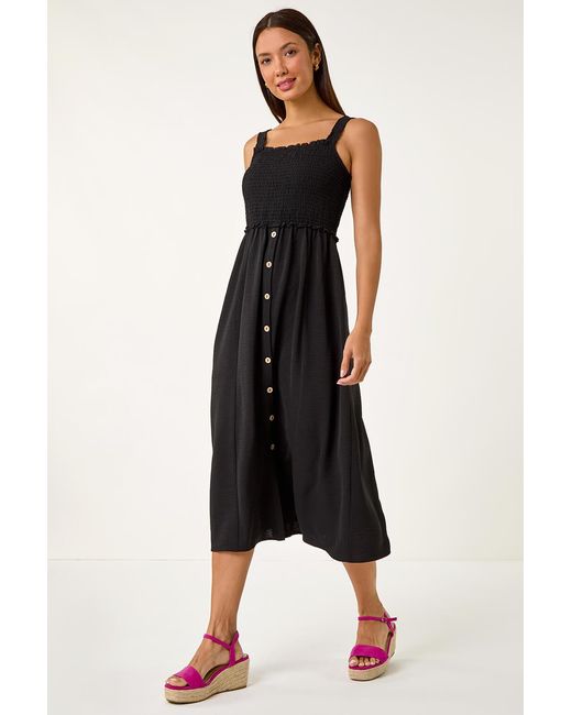 Roman Blue Shirred Button Detail Midi Dress