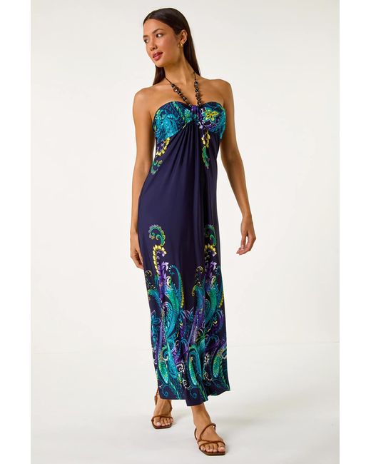 Roman Blue Paisley Beaded Necklace Bandeau Maxi Dress