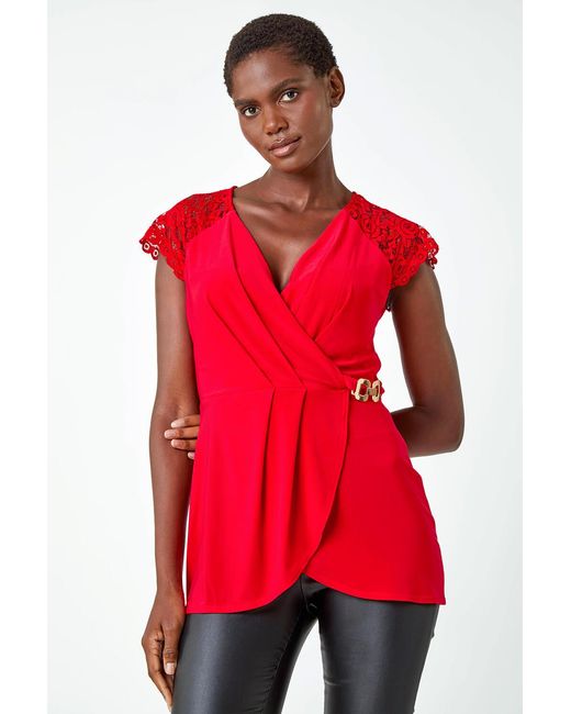 Roman Red Lace Trim Stretch V-Neck Wrap Top