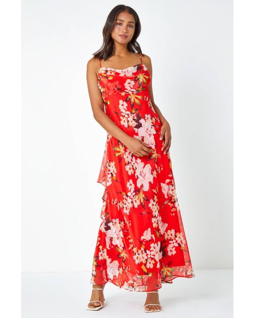 Roman Red Floral Cowl Neck Chiffon Dress