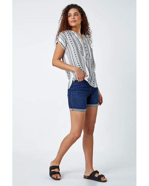 Roman White Aztec Print Button V-Neck Detail Top