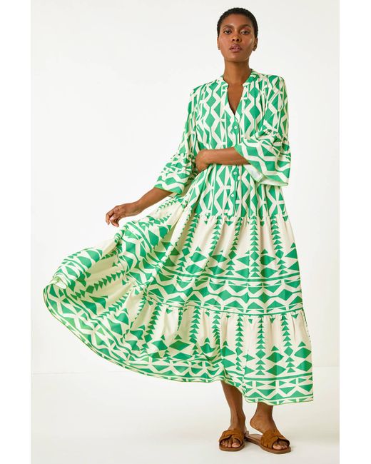 Roman Green Aztec Print Tiered Midi Smock Dress