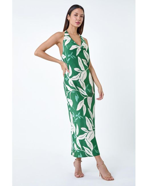 Roman Green Floral Print Satin Bias Cut Bodycon Dress