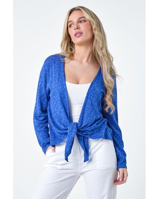 Roman Blue Petite Waterfall Front Cotton Knit Cardigan