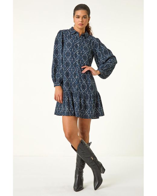 Roman Blue Geometric Print Button Detail Shirt Dress