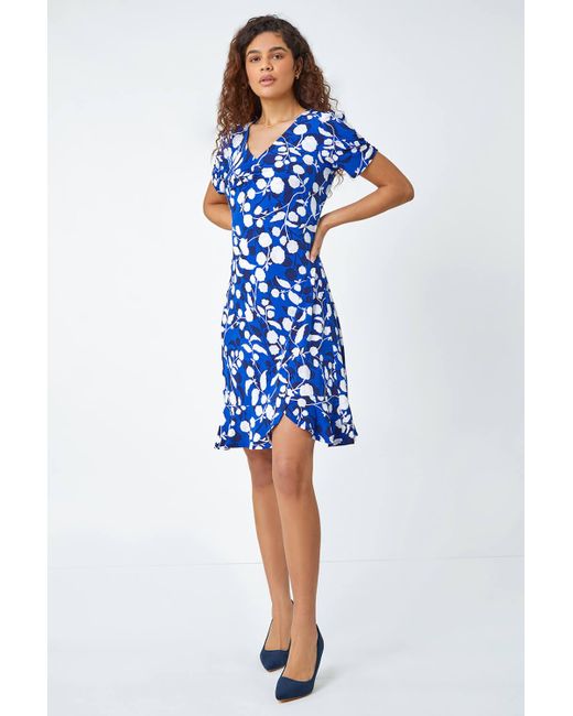Roman Blue Textured Floral Ruched Stretch Dress
