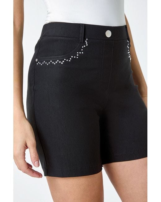 Roman Black Stud Embellished Elastic Waist Stretch Shorts