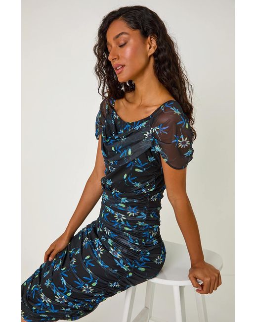 D.u.s.k Blue Ruched Mesh Stretch Dress