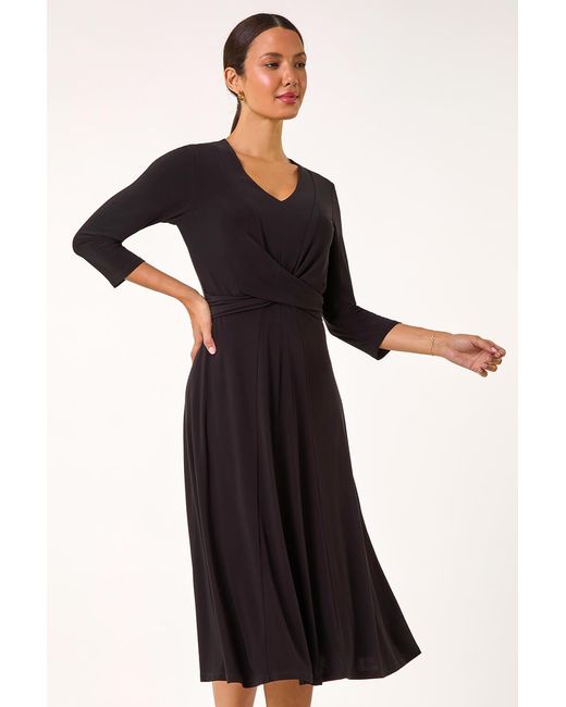 Roman Black Stretch Crossover Midi Dress