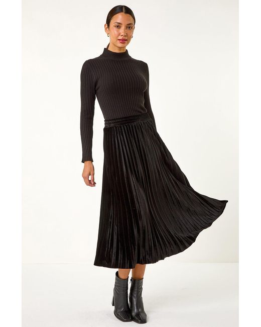 Roman Black Velvet Pleated Midi Skirt