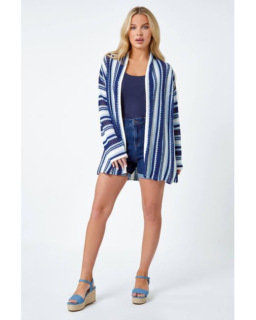 Roman Blue Petite Stripe Longline Knit Cardigan