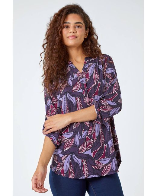 Roman Purple Textured Leaf Print Stretch Shirt