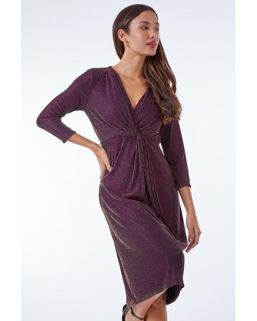 Roman Purple Shimmer Stripe Twist Front Ruched Dress