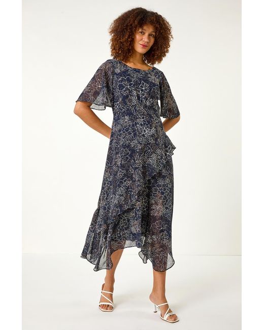 Roman Blue Floral Spot Print Frill Midi Dress