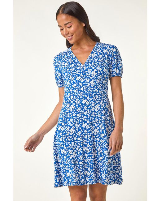 Roman Petite Blue Ditsy Print Wrap Stretch Dress