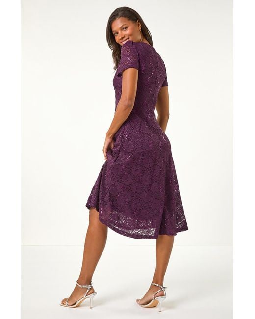 Roman Purple Sequin Lace Twist Front Midi Dress