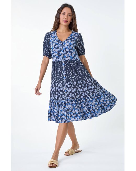 Roman Blue Floral Cotton Blend Tiered Smock Dress
