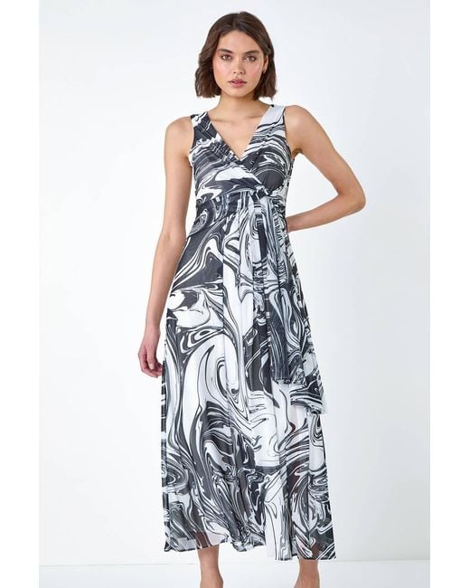 Roman White Marble Print Wrap Mesh Dress