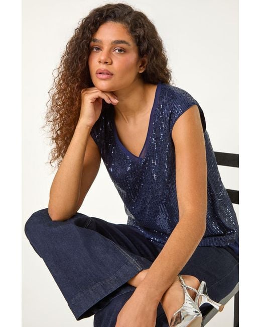 Roman Blue Sequin V-Neck Tunic Stretch Top