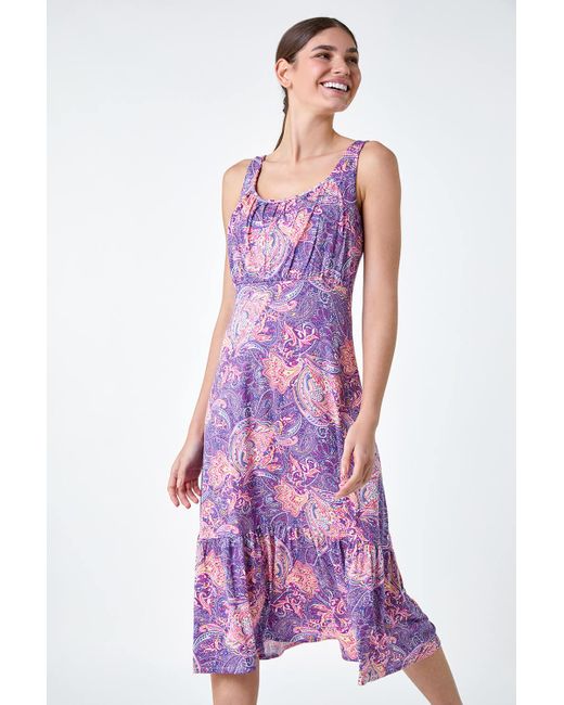 Roman Purple Paisley Frill Hem Stretch Midi Dress