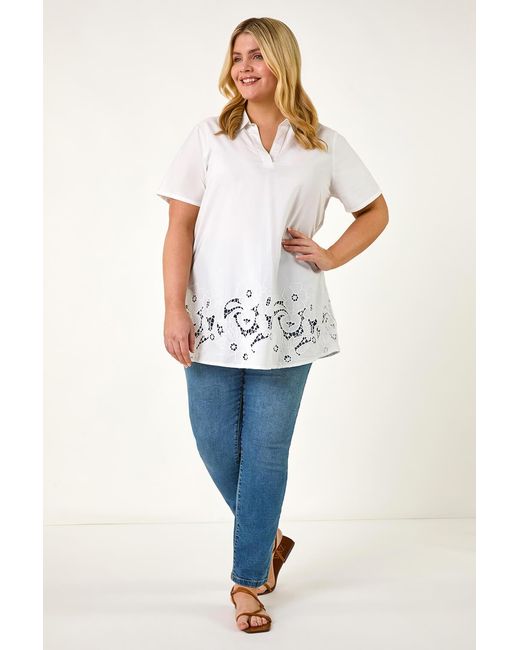 Roman Curve White Floral Cut Out Woven Top