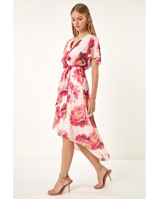 Roman Pink Floral Print Midi Wrap Dress