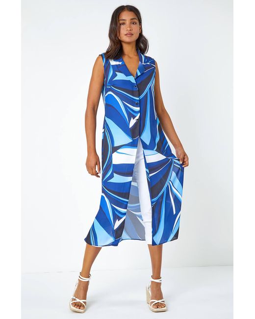 Roman Blue Abstract Print Longline Button Blouse