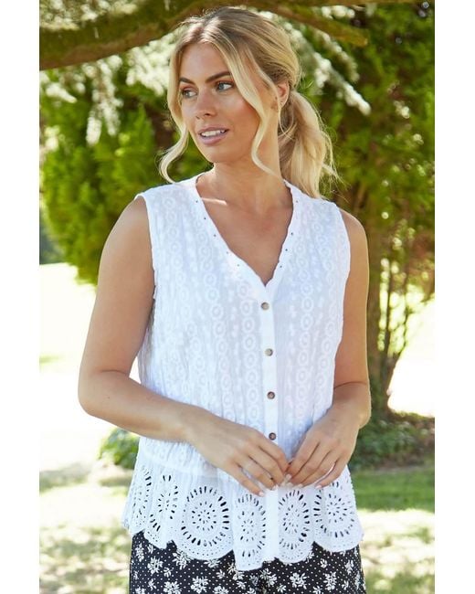 Roman White Eyelet Detail Embroidered Crinkle Blouse