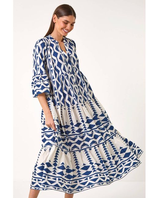 Roman Blue Aztec Print Tiered Midi Smock Dress