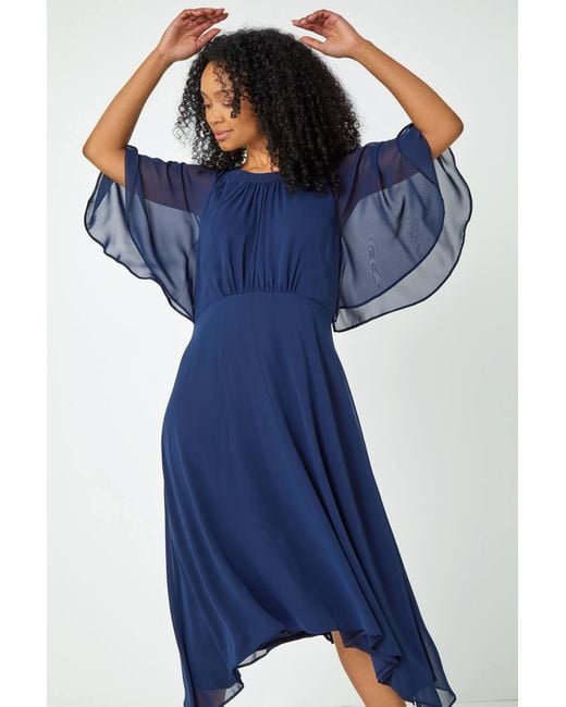 Roman Petite Blue Chiffon Cape Midi Dress