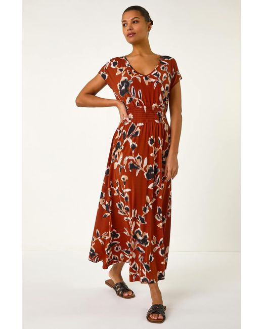 Roman Red Abstract Stretch Ruched Waist Maxi Dress