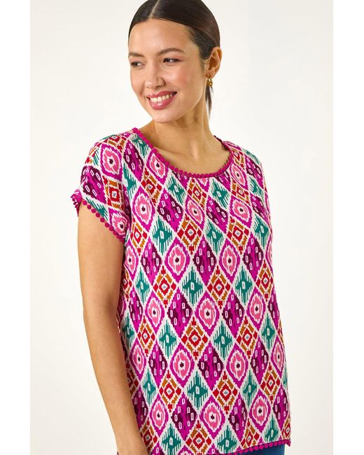 Roman Red Ikat Print Bobble Trim Tee