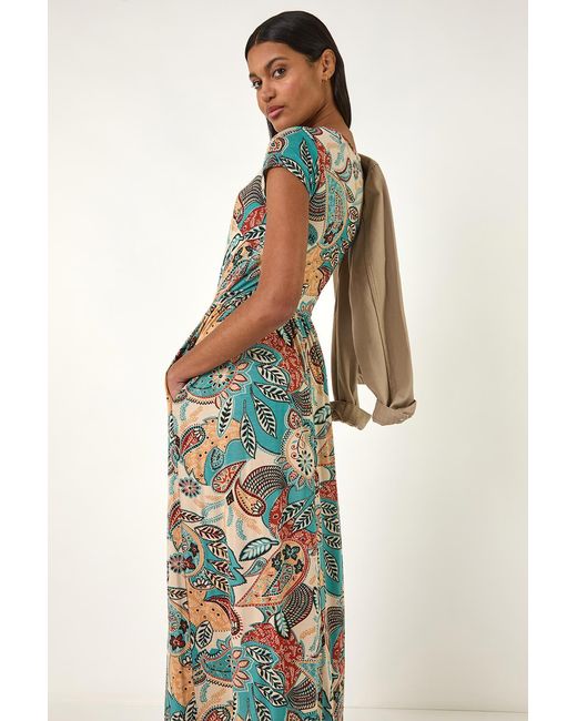 Roman Blue Paisley Print Short Sleeve Midi Dress