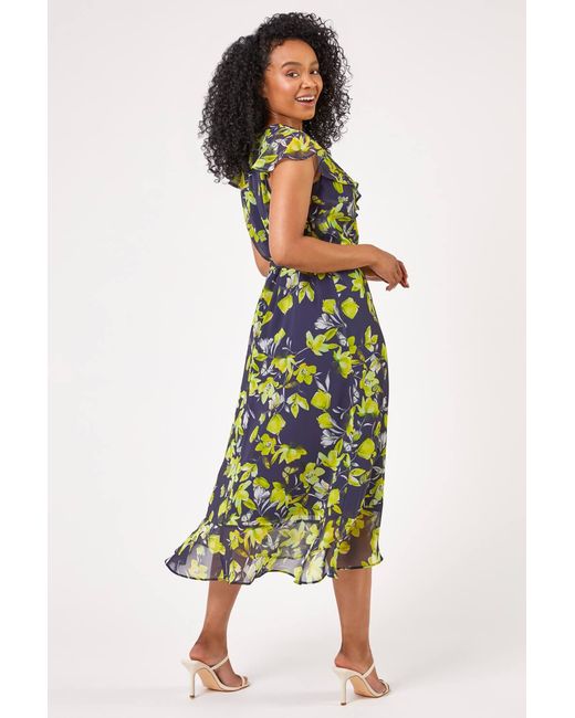 Roman Petite Blue Floral Chiffon Frill Wrap Dress