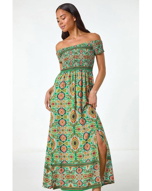 Roman Petite Green Abstract Bardot Maxi Dress