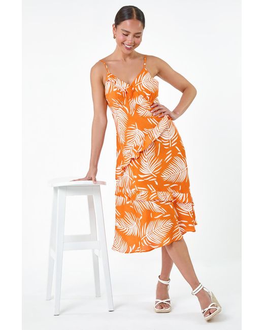 Roman Petite Orange Leaf Print Frill Midi Dress
