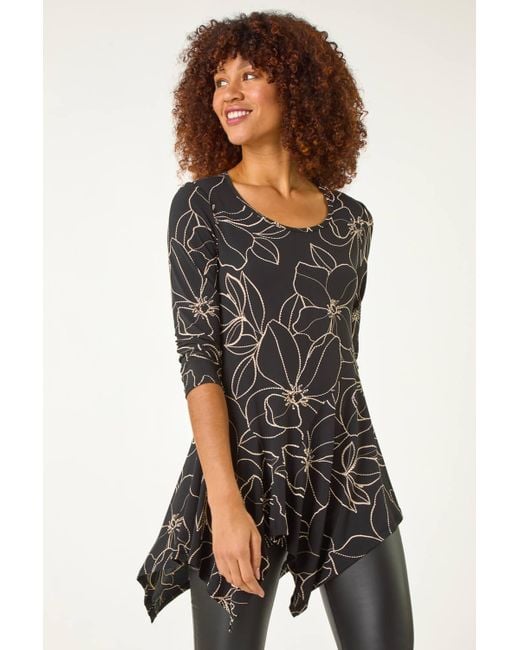 Roman Black Floral Textured Asymmetric Tunic Top