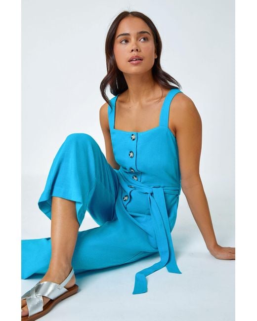 Roman Blue Petite Sleeveless Linen Blend Jumpsuit