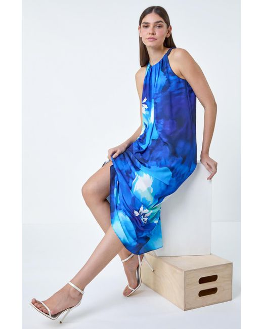 Roman Blue Floral Print Halterneck Midi Dress